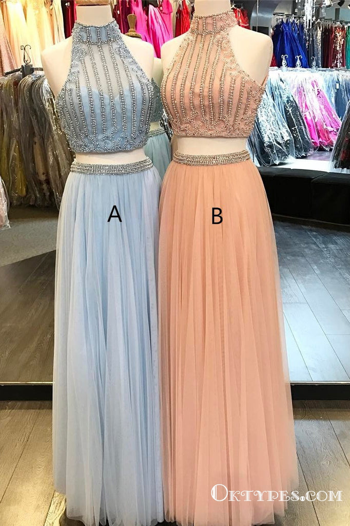 High Neck Peach Two Piece Long Cheap Prom Dresses with Beading, TYP1811