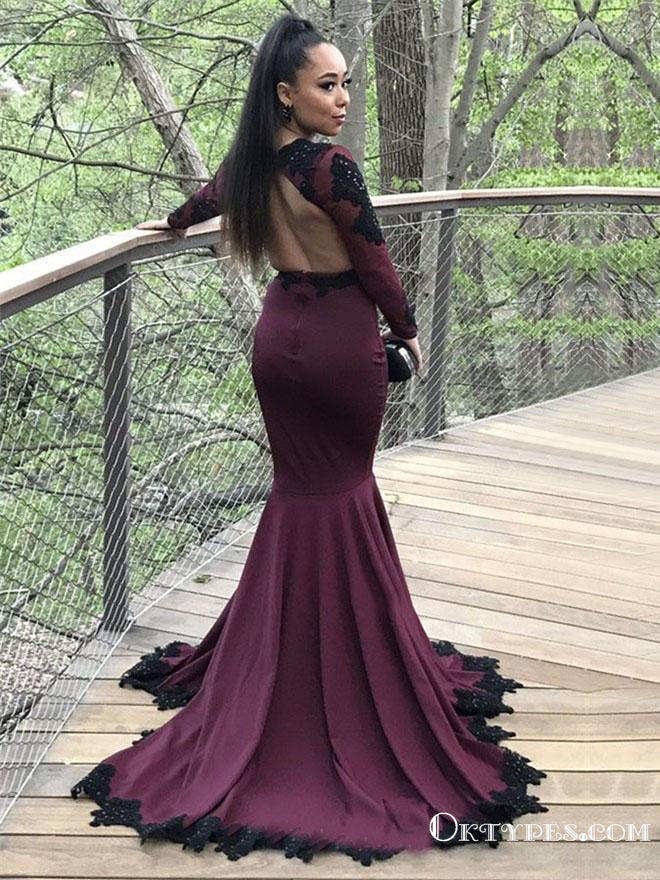 Mermaid Burgundy Long Sleeve Modest Cheap Long Prom Dresses, TYP1915