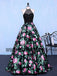 Chic A Line Prom Dress Modest Beautiful Floral Cheap Long Black Prom Dress, TYP0401