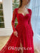 Elegant Lace And Tulle Long Sleeves V-Neck Side Slit A-Line Long Prom Dresses,PDS0773