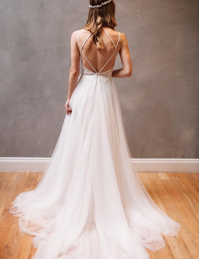 Stylish Halter Criss-Cross Straps Long White Wedding Dresses with Beading Lace, TYP1040