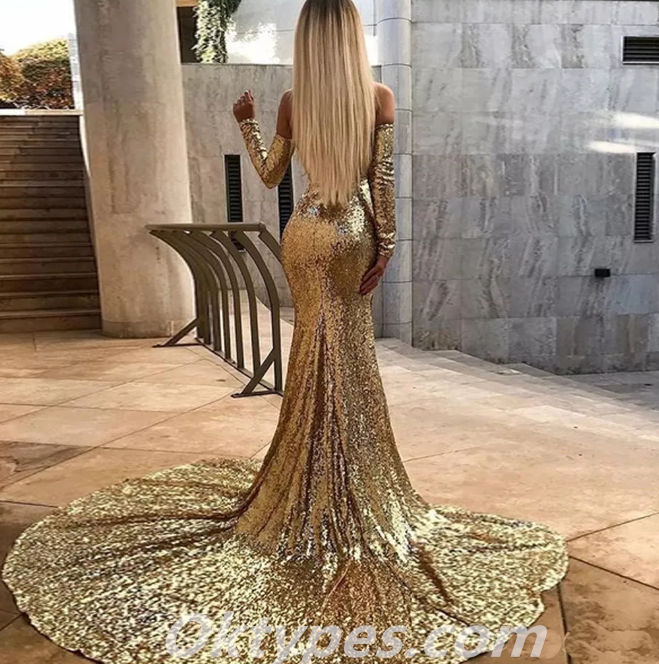 Charming Sequin Off Shoulder V-Neck Long Sleeve Side Slit Mermaid Long Prom Dresses,PDS0392