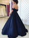 A-Line Off-the-Shoulder Pleated Navy Blue Satin Prom Dresses with Beading, TYP1302