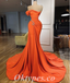 Elegant Orange Satin One Shoulder Sleeveless Mermaid Long Prom Dresses With Decoration,PDS0516