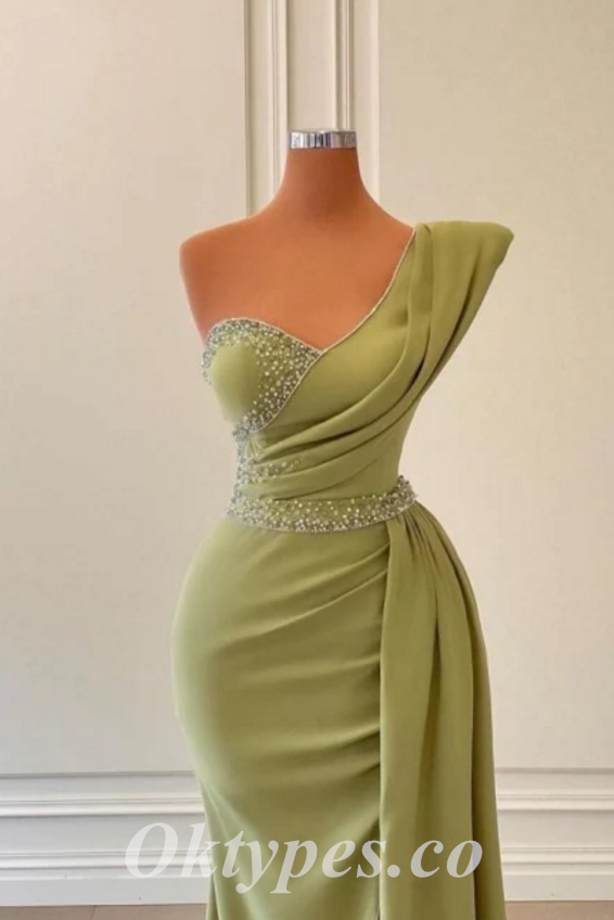 Elegant Crepe One Shoulder Sleeveless Side Slit Mermaid Long Prom Dresses With Beading,PDS0548