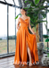 Sexy Orange Satin Sweetheart V-Neck A-Line Long Prom Dresses With Side Slit,PDS0555