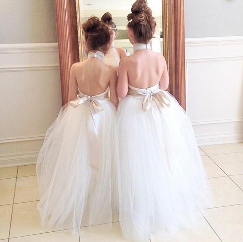 Ball Gown Halter Backless Floor-Length Cheap Flower Girl Dress with Sash, TYP1008