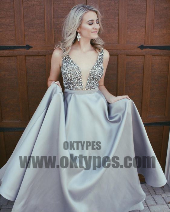 Newest Top Beading Satin V-neck Prom Dresses, Backless Prom Dresses, TYP0375