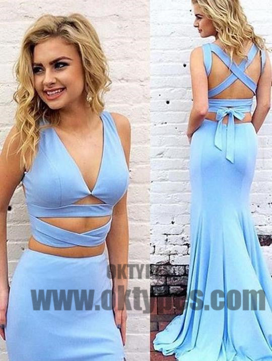 Sky Blue Two Piece Prom Dresses, Long Floor Length Prom Dresses, V-neck Prom Dresses, Criss-Cross Prom Dresses, TYP0249