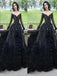 Black Scoop Neckline Long Sleeve V-Neck With Appliques Prom Dresses, PDS0305