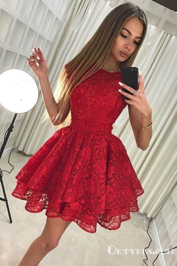 Pretty Round Neck Short Cheap Red Lace Homecoming Party Dresses, TYP1044