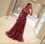 A-Line Crew Long Flower Print Burgundy Tulle Prom Dresses, TYP1812