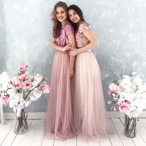 Shinny Top Blush Sequin Lovely Hot Sale Two Piece Tulle Round Neck Long Modest Cheap Bridesmaid Dresses, TYP1134