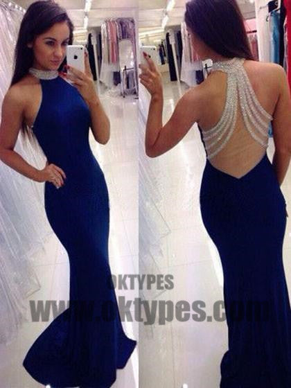 Blue Mermaid Prom Dresses, Halter Prom Dresses, Yarn Evening Dresses, Beading Prom Dresses, Charming Prom Dresses, TYP0076