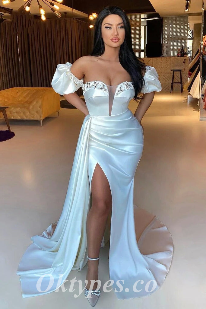 Sexy Satin Off Shoulder V-Neck Side Slit Mermaid Long Prom Dresses With Trailing, PDS0874