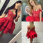 Sexy Off-Shoulder Red Satin Short Cheap Homecoming Dresses with Lace, TYP1084