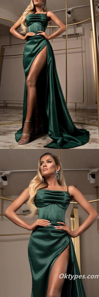 Gorgeous Satin Spaghetti Straps Dark Green Prom Dress Long With Slit,PDS0330