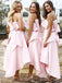 Unique Strapless High Low Pink Satin Bridesmaid Dresses with Bow Knot, TYP1053