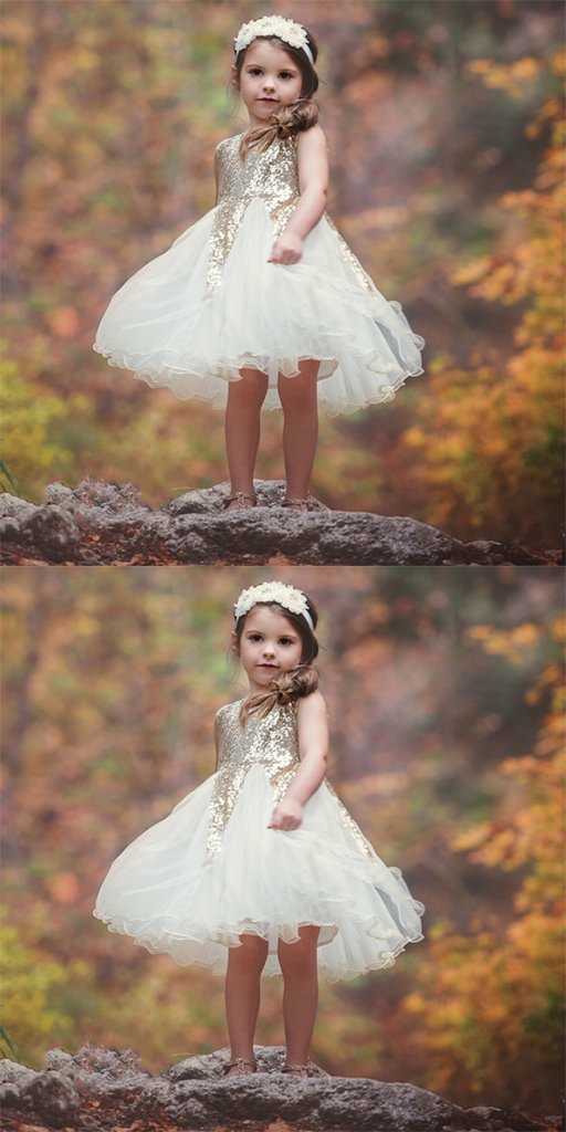 Lovely Ivory Tulle & Gold Short Cheap Sequin Flower Girl Dresses, TYP1047