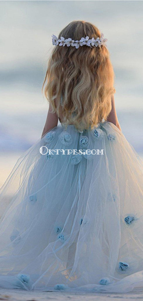 Blue Tulle A-Line Flower Girl Dresses, Backless Popular Little Girl Dresses, TYP1420