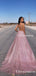 Sparkly Sexy Deep V-neck A-line Spaghetti Strap Pink Sequin Long Cheap Backless Prom Dresses, TYP2087