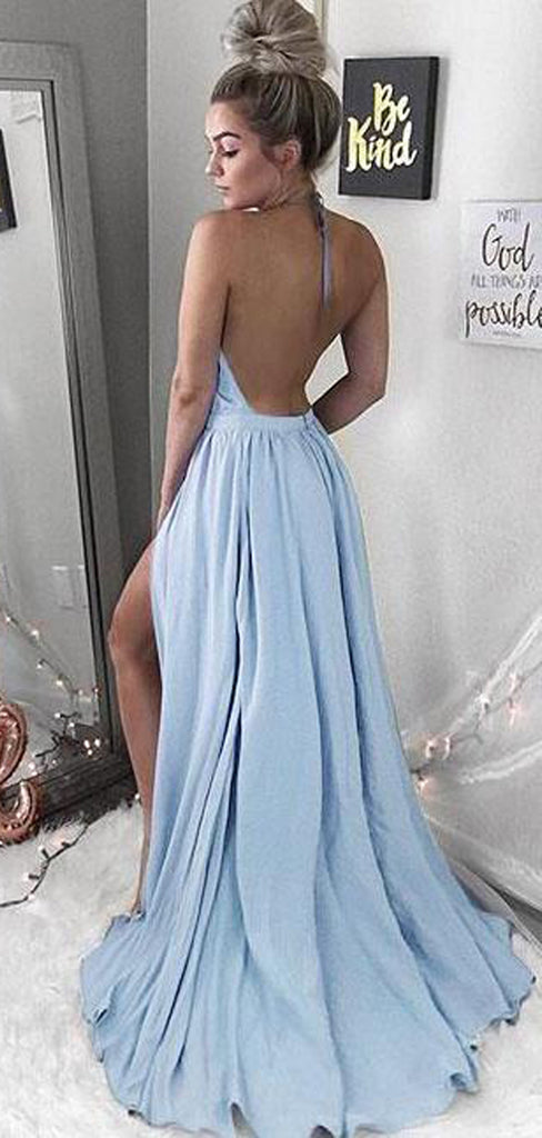 Sexy Halter Light Blue Backless Chiffon Long Prom Dresses with Split, TYP1438