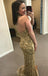 Sheath V-Neck Long Cheap Gold Lace Prom Dresses with Sequined, TYP1342