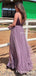 Charming V-neck Spaghetti Strap Lavender Tulle Lace Appliqued A-line Long Cheap Evening Prom Dresses, PDS0046