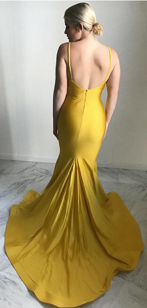 Mermaid Spaghetti Straps Long Cheap Ruched Yellow Satin Prom Dresses, TYP1337