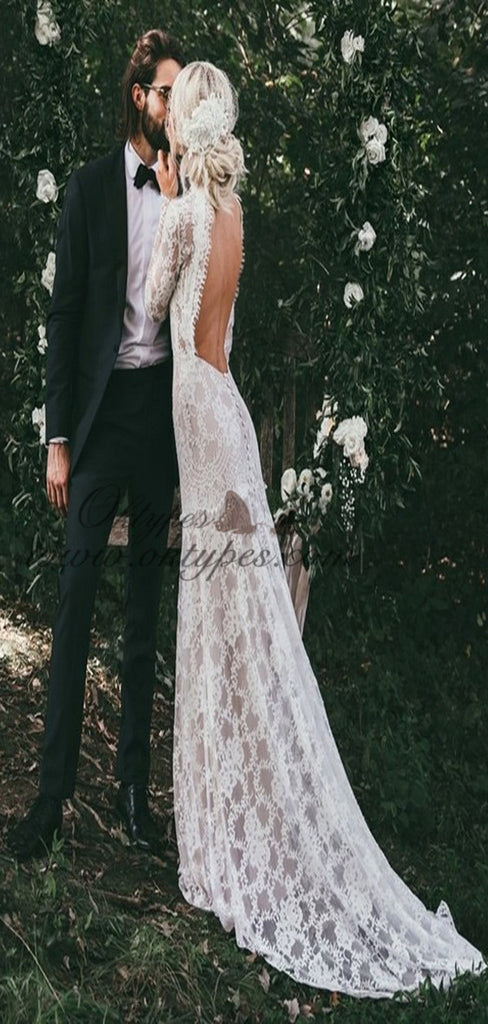 Mermaid High Neck Backless Long Sleeves Lace Beach Wedding Dresses, TYP1415