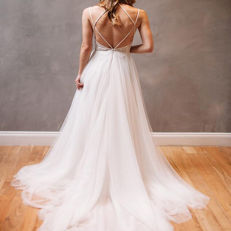 Stylish Halter Criss-Cross Straps Long White Wedding Dresses with Beading Lace, TYP1040