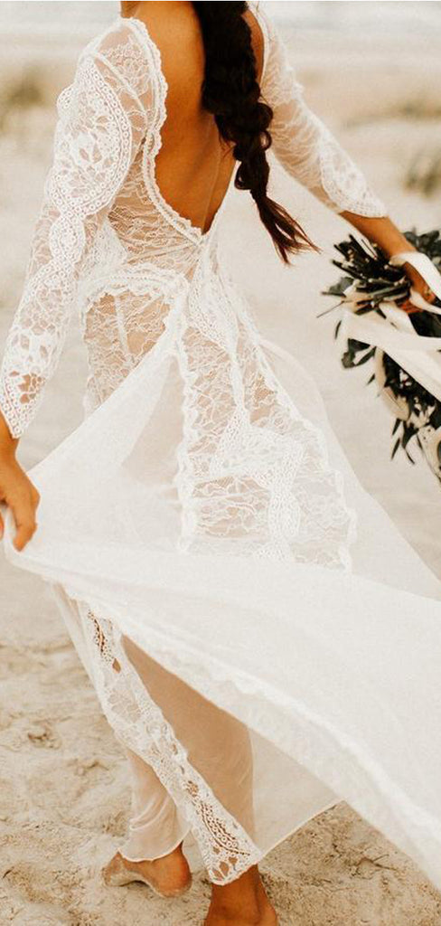 Long Sleeve Ivory Lace See Through Backless Boho Wedding Dresses, TYP1245