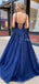 Charming Royal Blue Spaghetti Strap Lace Tulle Backless Side Slit A-line Long Cheap Prom Dresses, PDS0083