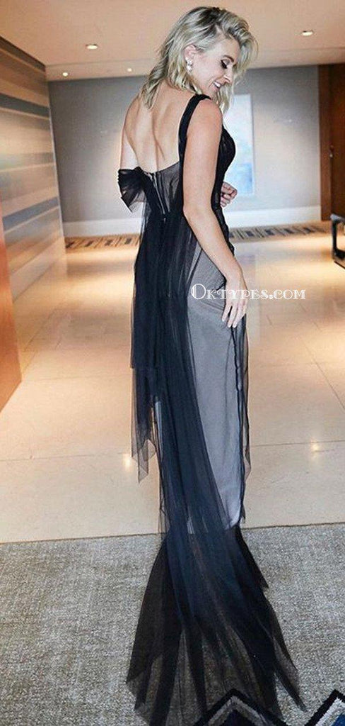 Unique Design V-neck One Shoulder Black Tulle Mermaid Long Cheap Prom Dresses, PDS0085