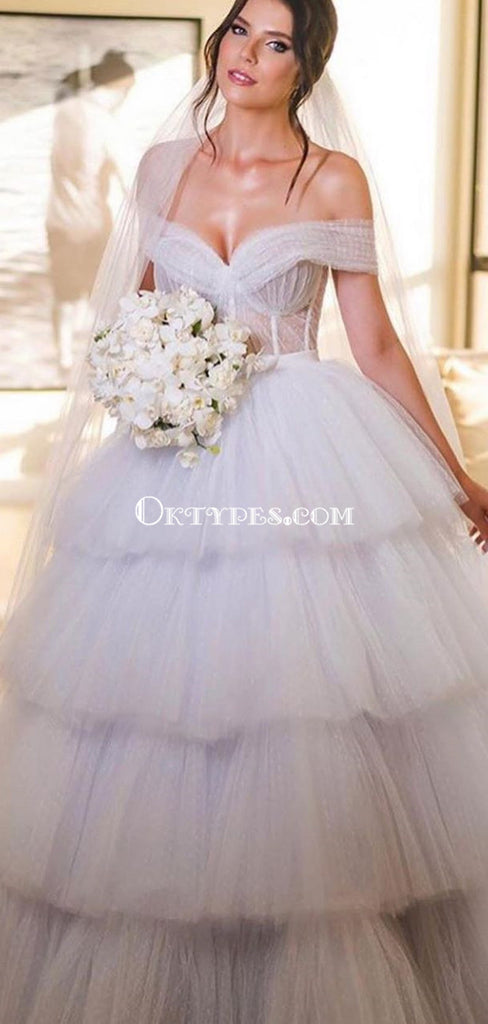 Off-The-Shoulder Ivory Tulle Ball Gown Long Cheap Wedding Dresses, WDS0066