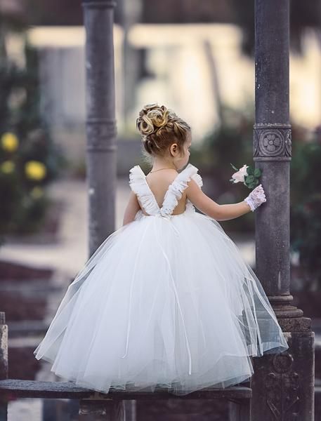 White Tulle Flower Girl Dresses, Beaded Backless Popular Little Girl Dresses, TYP0988