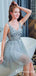 Bling A Line V Neck Light Blue Short Homecoming Dresses With Beading, TYP2030