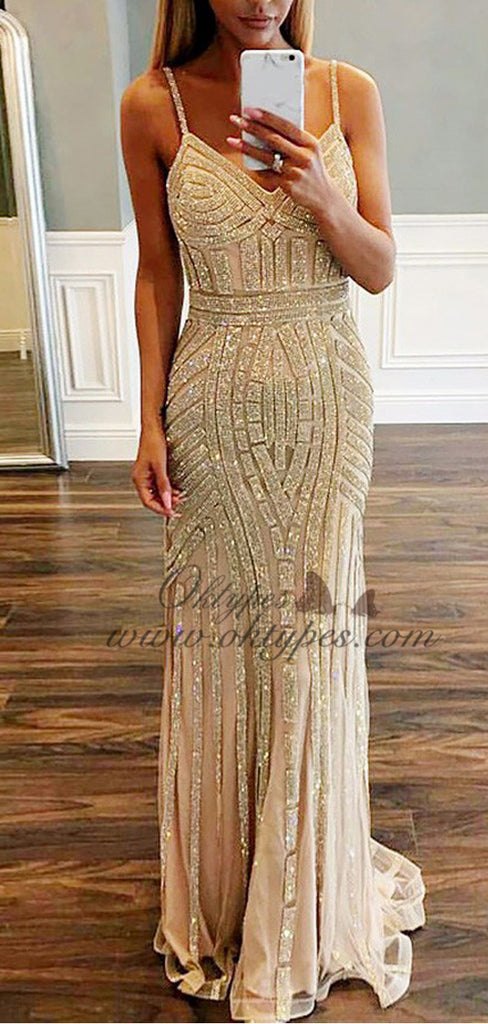 Mermaid Spaghetti Straps Long Champagne Prom Dress with Beading, TYP1529