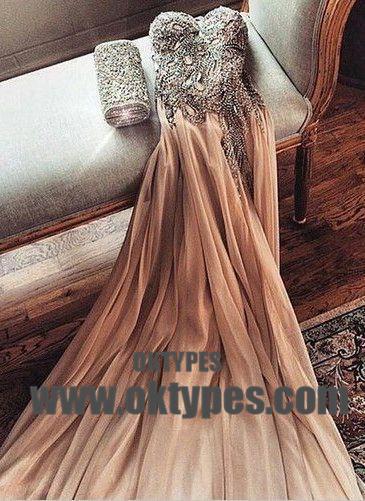 Shinny Top Beaded Tulle Prom Dresses, Sweetheart And Backless Prom Dresses, TYP0671