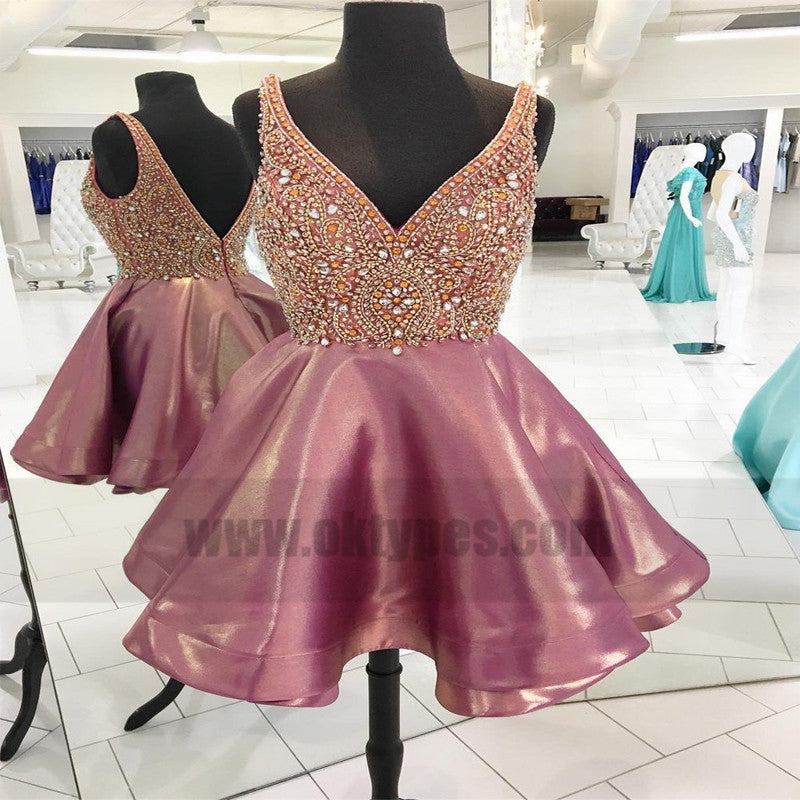 Backless V Neck Heavily Beaded Dusty Pink Homecoming Dresses, TYP0823