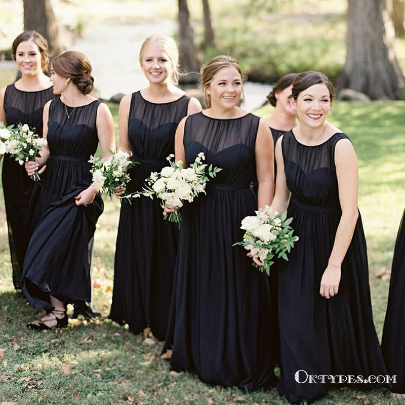 Elegant Black Chiffon Floor Length Cheap Bridesmaid Dresses, TYP1775