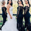 Mermaid Off-the-Shoulder Long Sleeve Navy Blue Lace Bridesmaid Dresses, TYP1311