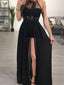 A-line Halter See-through Black Chiffon Sexy Long Prom Dresses with Slit, TYP1223