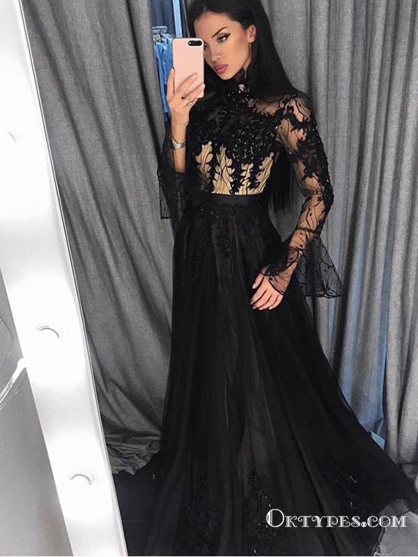 Black Long Sleeves High Neck Evening Gowns with Appliques Prom Dresses, TYP1905