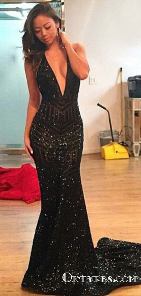 Mermaid Deep V-Neck Long Black Sequined Backless Prom Dresses, TYP1689