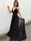 A-Line V-Neck Long Cheap Black Chiffon Prom Dresses with Beading, TYP1261