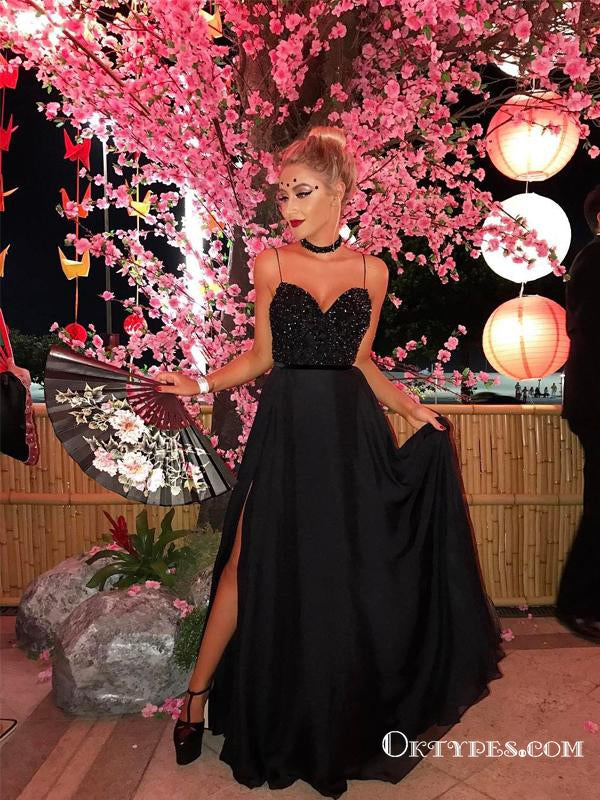 A Line Sweetheart Spaghetti Straps Black Beading Prom Dresses with Split, TYP1723