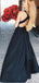 A-Line Deep V-Neck Open Back Long Black Prom Party Dresses with Split, TYP1286