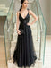 A-Line V-Neck Long Cheap Black Evening Prom Dresses with Appliques&Sequins, TYP1293