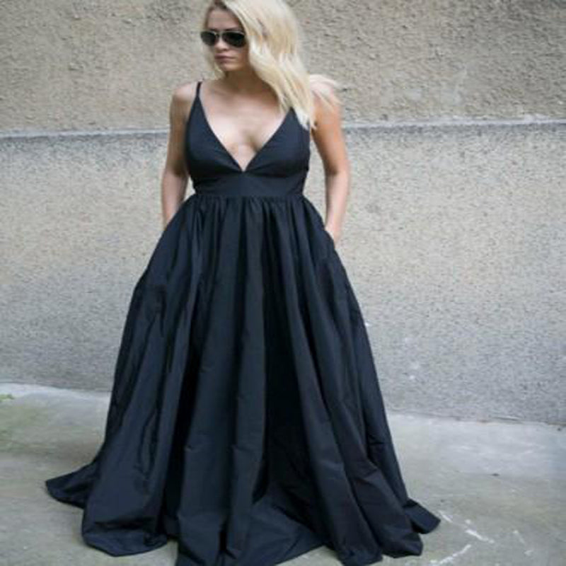 Black Lace Floor Length Open Back Prom Dresses, Sexy V-neck Prom Dresses, TYP0746